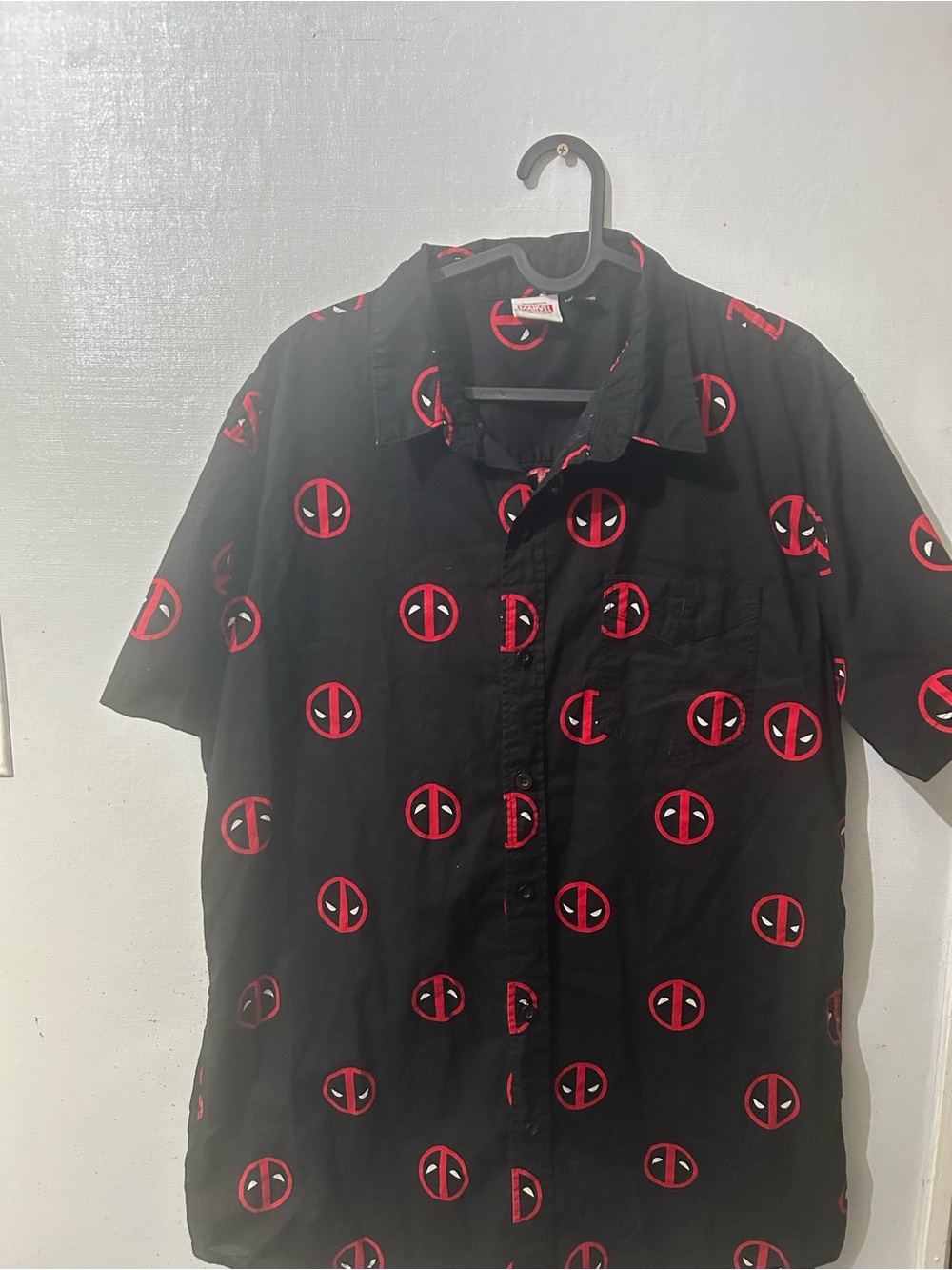 Black Short-Sleeve Button-Up Shirt with Red Graphic Print Deadpool